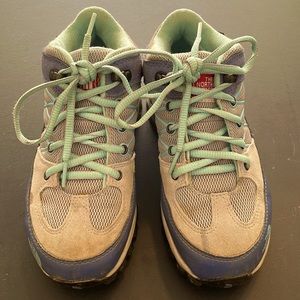 Grey, purple, and light blue North Face Hedgehog kids hiking boot- UEC- size 2.5